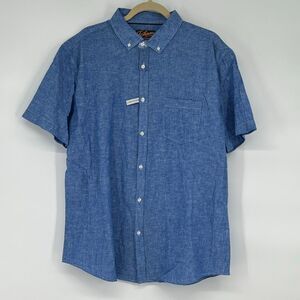 NWT JOHNNY BIGG Mens Short Sleeve Button Up Shirt XL Blue Linen Blend Pocket